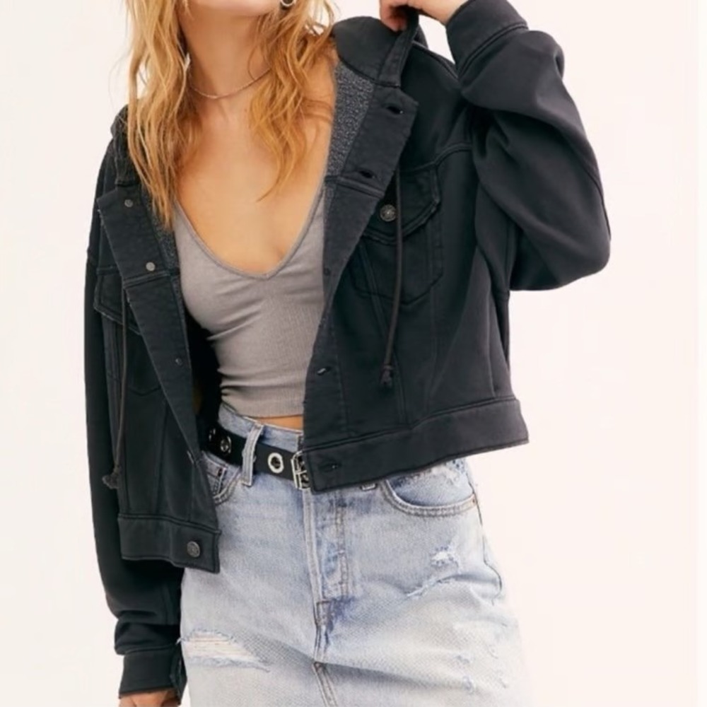 Free People Dreamers Cropped Long Sleeve Hoodie Jacket Black Women's Size Medium